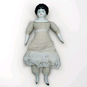 Antique Style Porcelain-Head Low Brow Curly Haired Doll Cream Petticoat See Pics